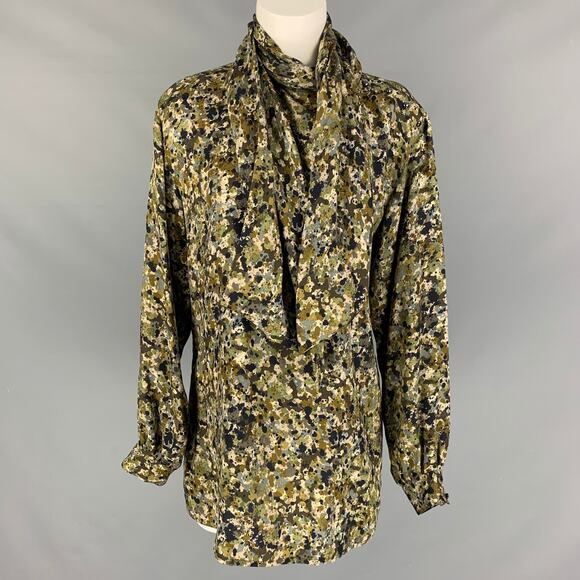 GUCCI Size 4 Olive Green & Brown Silk Print Bow Blouse - Picture 1 of 5